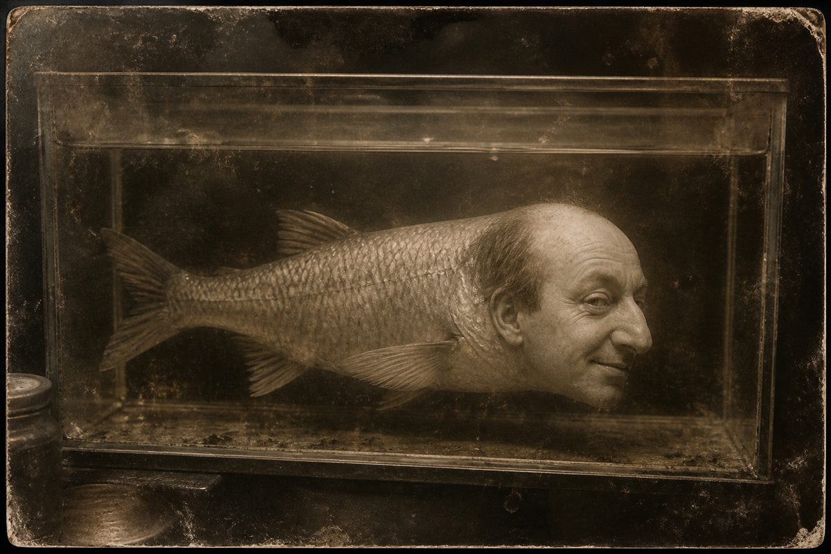 Aged laboratory photograph of a fish-bodied specimen with a human face, floating in a glass tank.